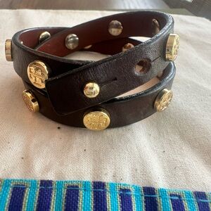 Tory Burch Dark Brown Leather wrap bracelet  with Gold Accents